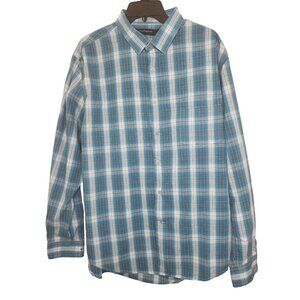 Perry Ellis Portfolio Men Blue And White Plaid Button Up XL Shirt Button Logo